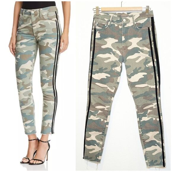 Mother Looker High-Rise Camo Track Stripe Skinny Jeans in See Me Run Black
